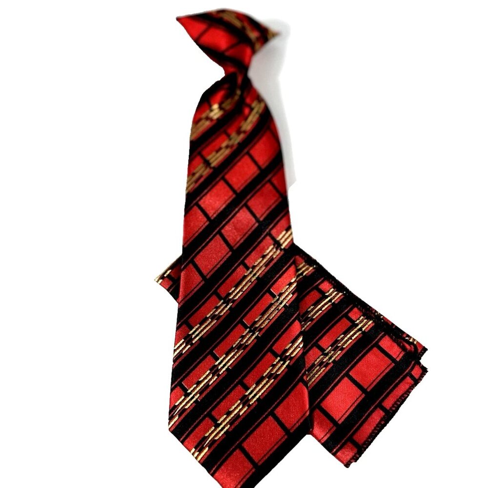 Karl Knox Boy's Clip-on Tie Hanky Set Gold Red Gold Black Polyester 8.5" Long